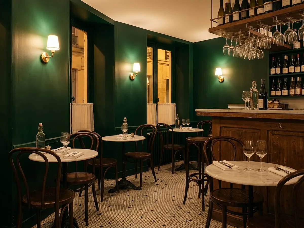 深い緑の壁の前に、小さな大理石のテーブルと椅子が並ぶ店内の写真(AIで作成したイメージ)